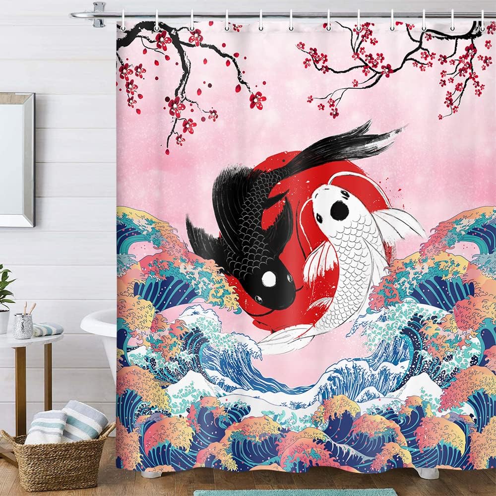 Great Wave and Koi Fish Shower Curtain - Japanese Ocean Theme Bathroom Decor