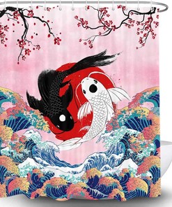 Great Wave and Koi Fish Shower Curtain - Japanese Ocean Theme Bathroom Decor