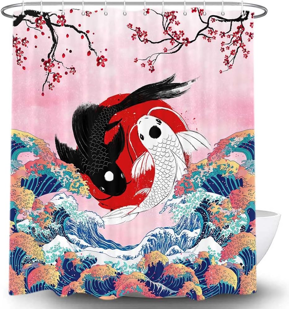 Great Wave and Koi Fish Shower Curtain - Japanese Ocean Theme Bathroom Decor