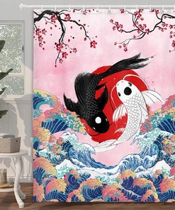 Great Wave and Koi Fish Shower Curtain - Japanese Ocean Theme Bathroom Decor