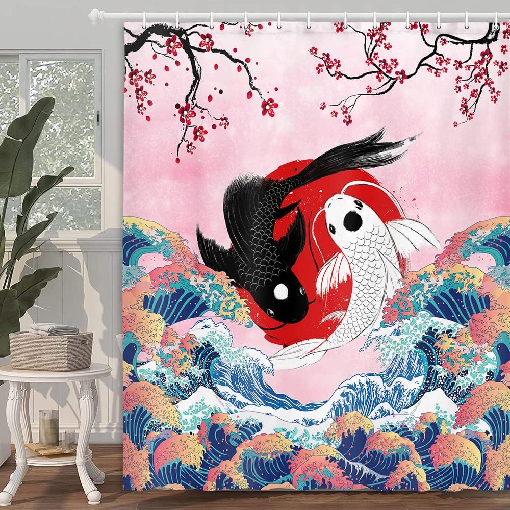 Great Wave and Koi Fish Shower Curtain - Japanese Ocean Theme Bathroom Decor