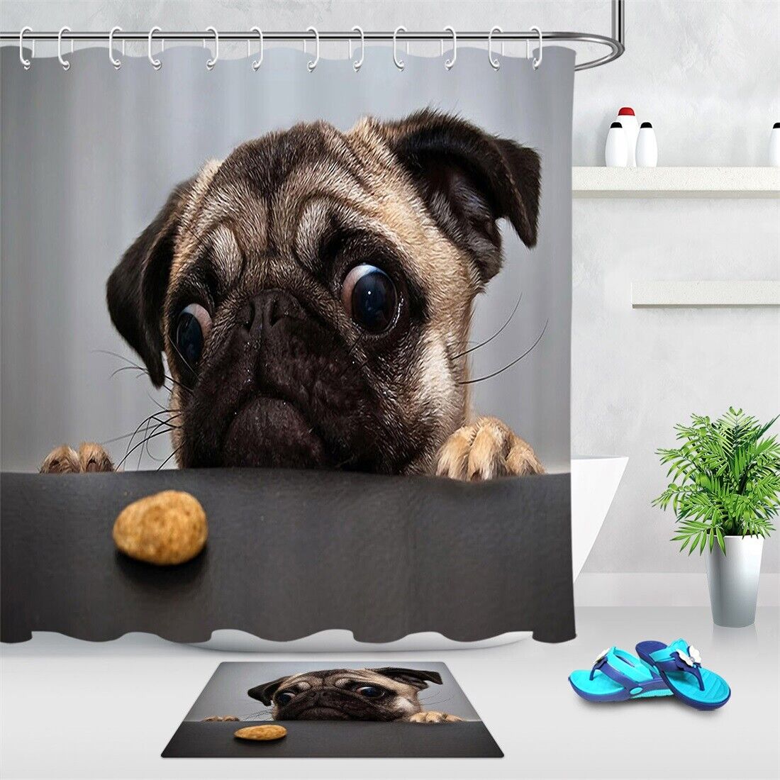 Greedy Pug Shower Curtain - Funny Dog Cookie Bathroom Decor