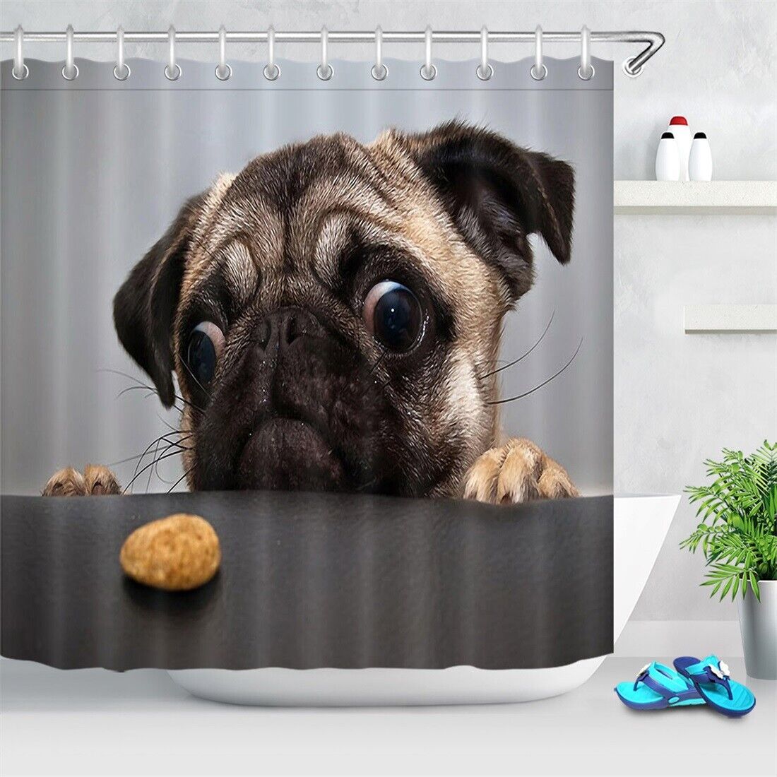 Greedy Pug Shower Curtain - Funny Dog Cookie Bathroom Decor - Image 2