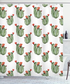 Green And Orange Cacti Spikes And Red Flowers Mexican Hot Desert Vintage Image Art Shower Curtain