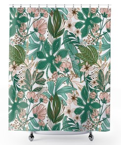 Green And Pink Leaves And Flowers Shower Curtain For Plant Lady Bathroom