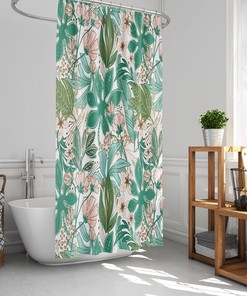 Green And Pink Leaves And Flowers Shower Curtain For Plant Lady Bathroom