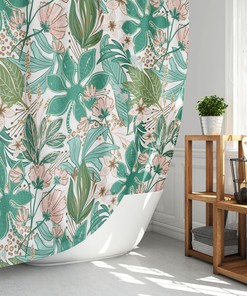 Green And Pink Leaves And Flowers Shower Curtain For Plant Lady Bathroom
