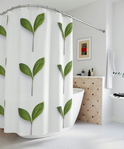 Green And White Leaf Design Fabric Shower Curtain For Bathrooms 