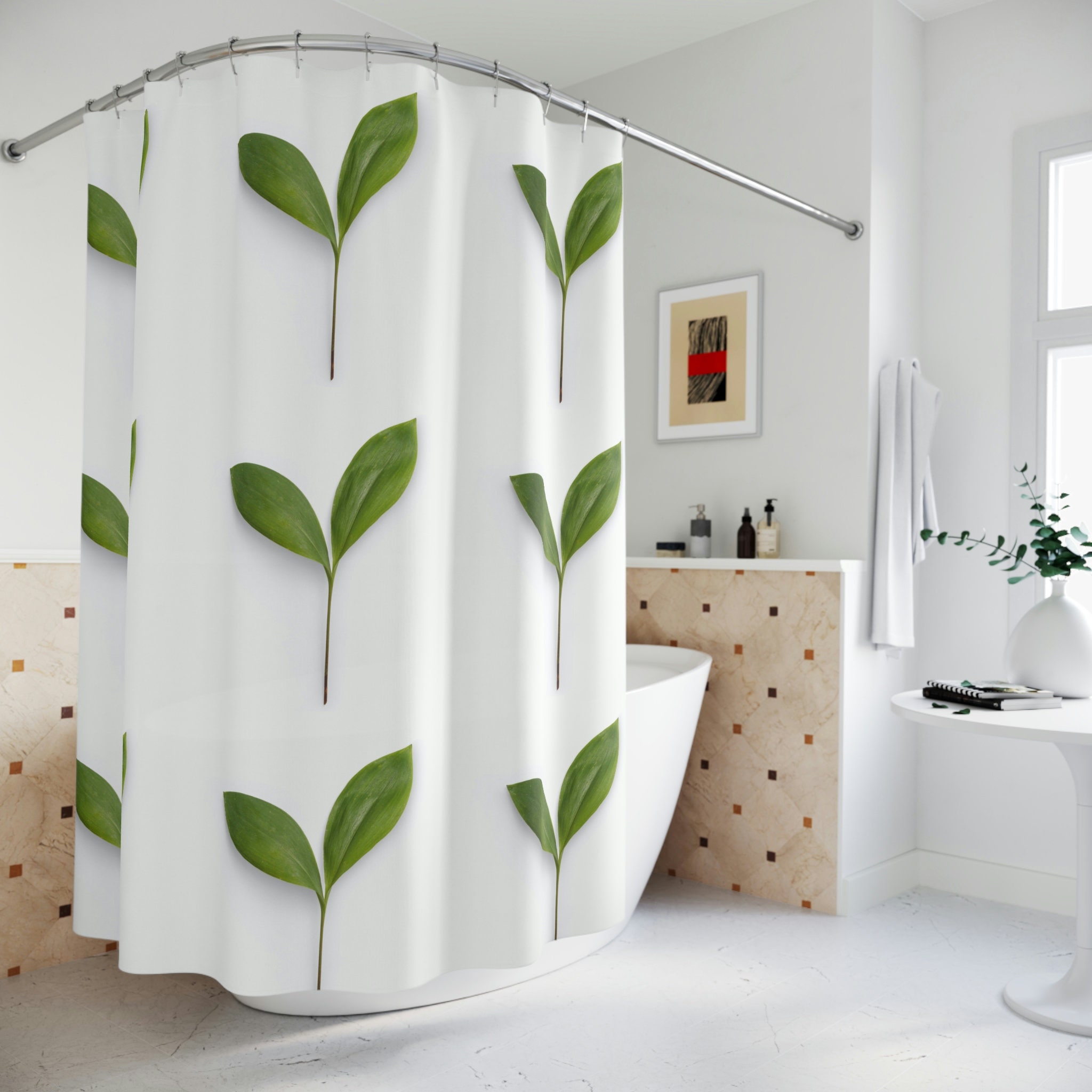 Green And White Leaf Design Fabric Shower Curtain For Bathrooms