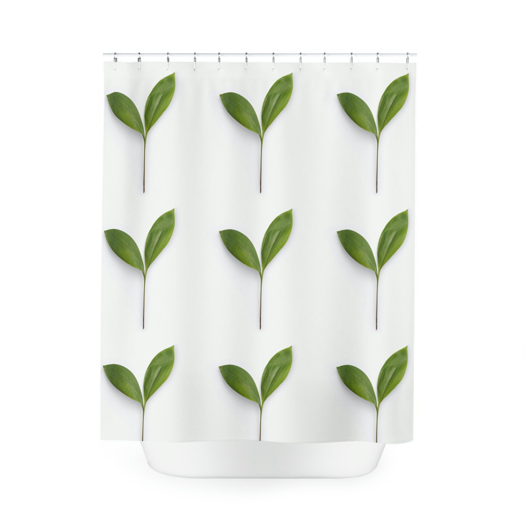 Green And White Leaf Design Fabric Shower Curtain For Bathrooms