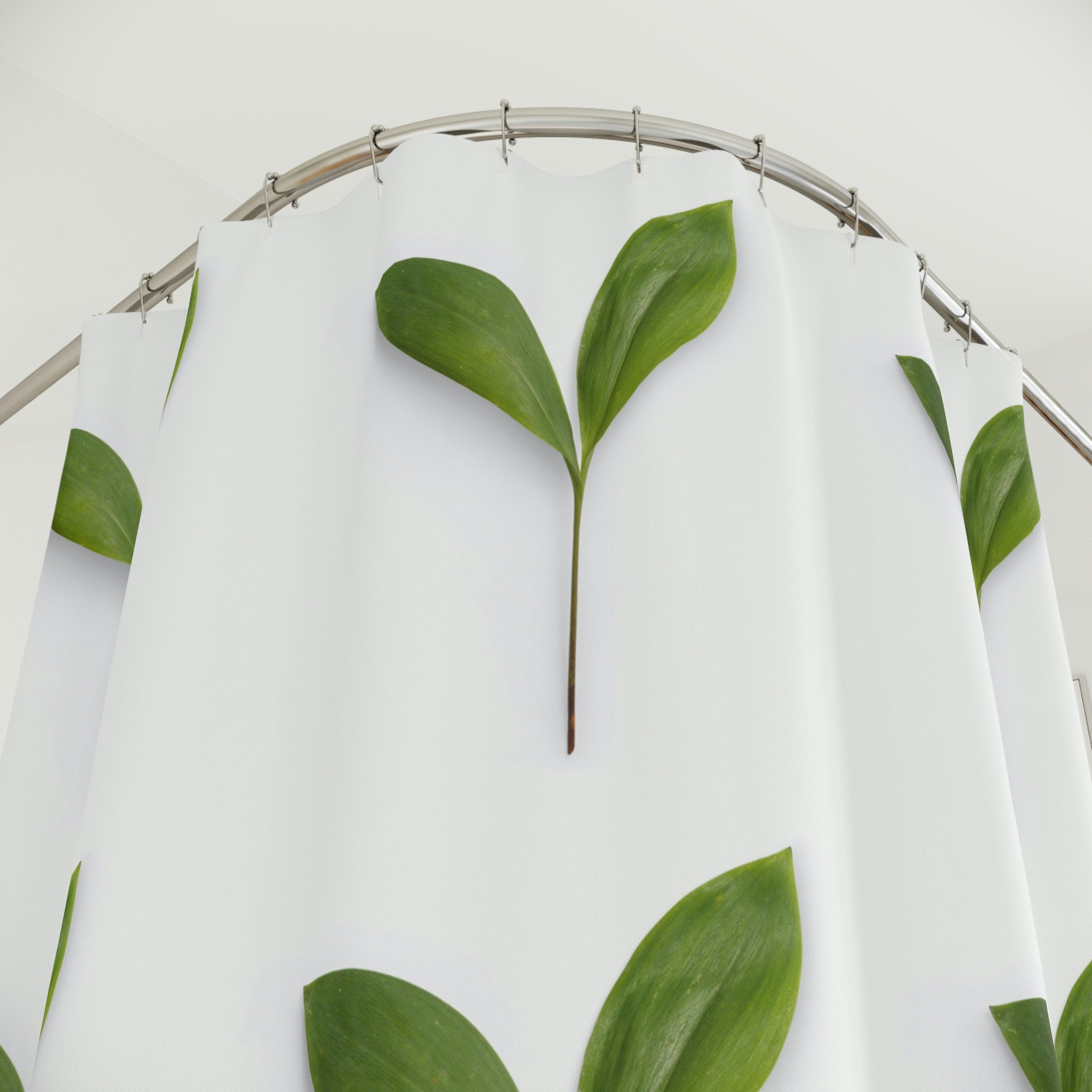 Green And White Leaf Design Fabric Shower Curtain For Bathrooms