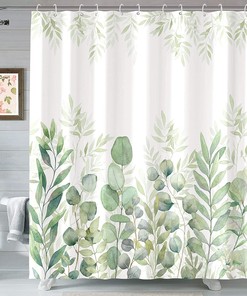 Green And White Plant Leaves Print Shower Curtain Fabric For Your Bathroom