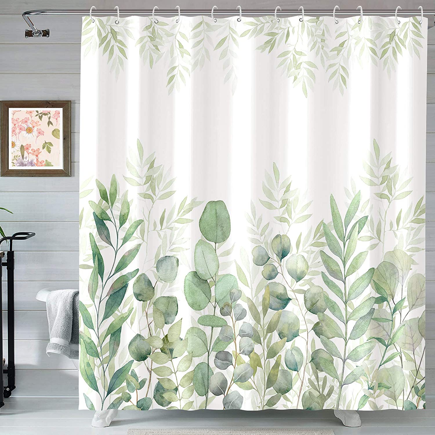 Green And White Plant Leaves Print Shower Curtain Fabric For Your Bathroom