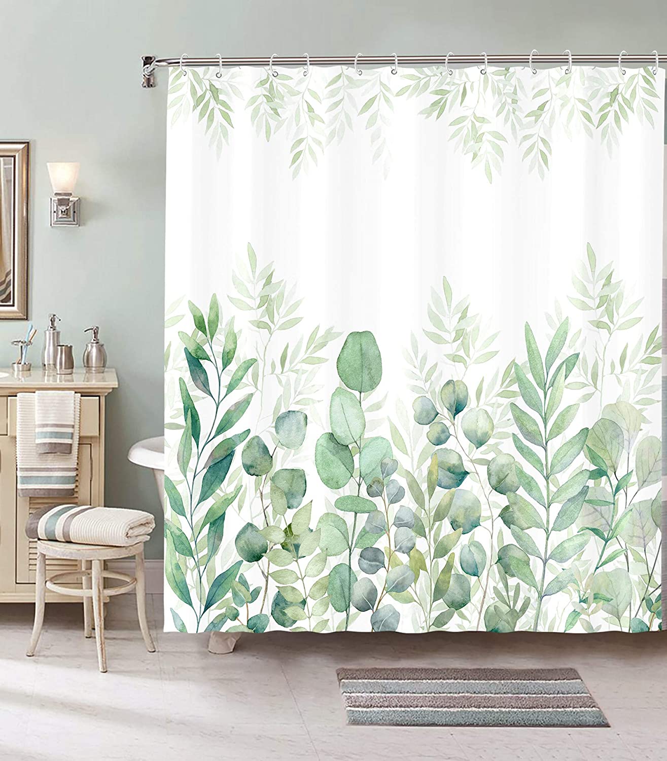 Green And White Plant Leaves Print Shower Curtain Fabric For Your Bathroom - Image 2