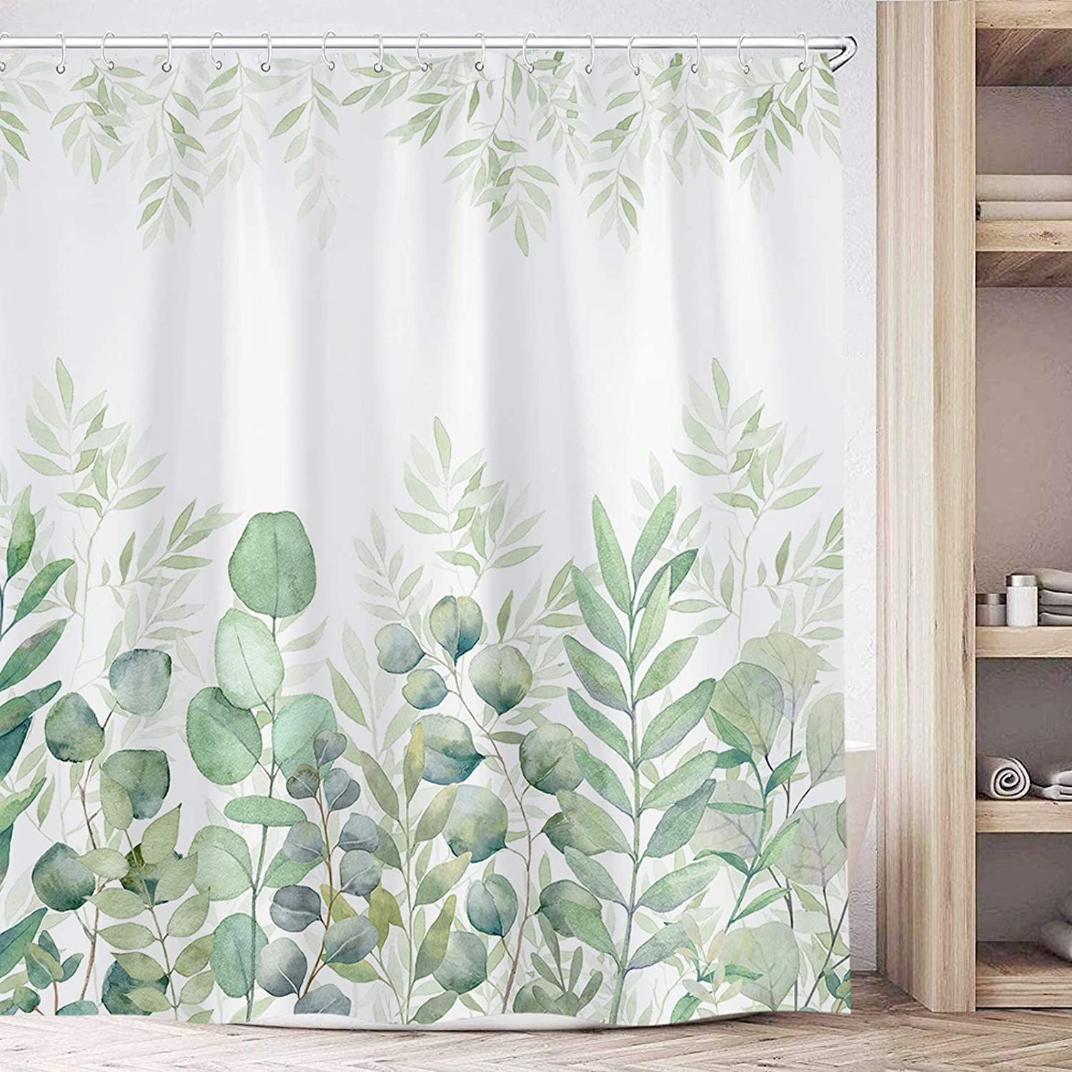 Green And White Plant Leaves Print Shower Curtain Fabric For Your Bathroom - Image 3