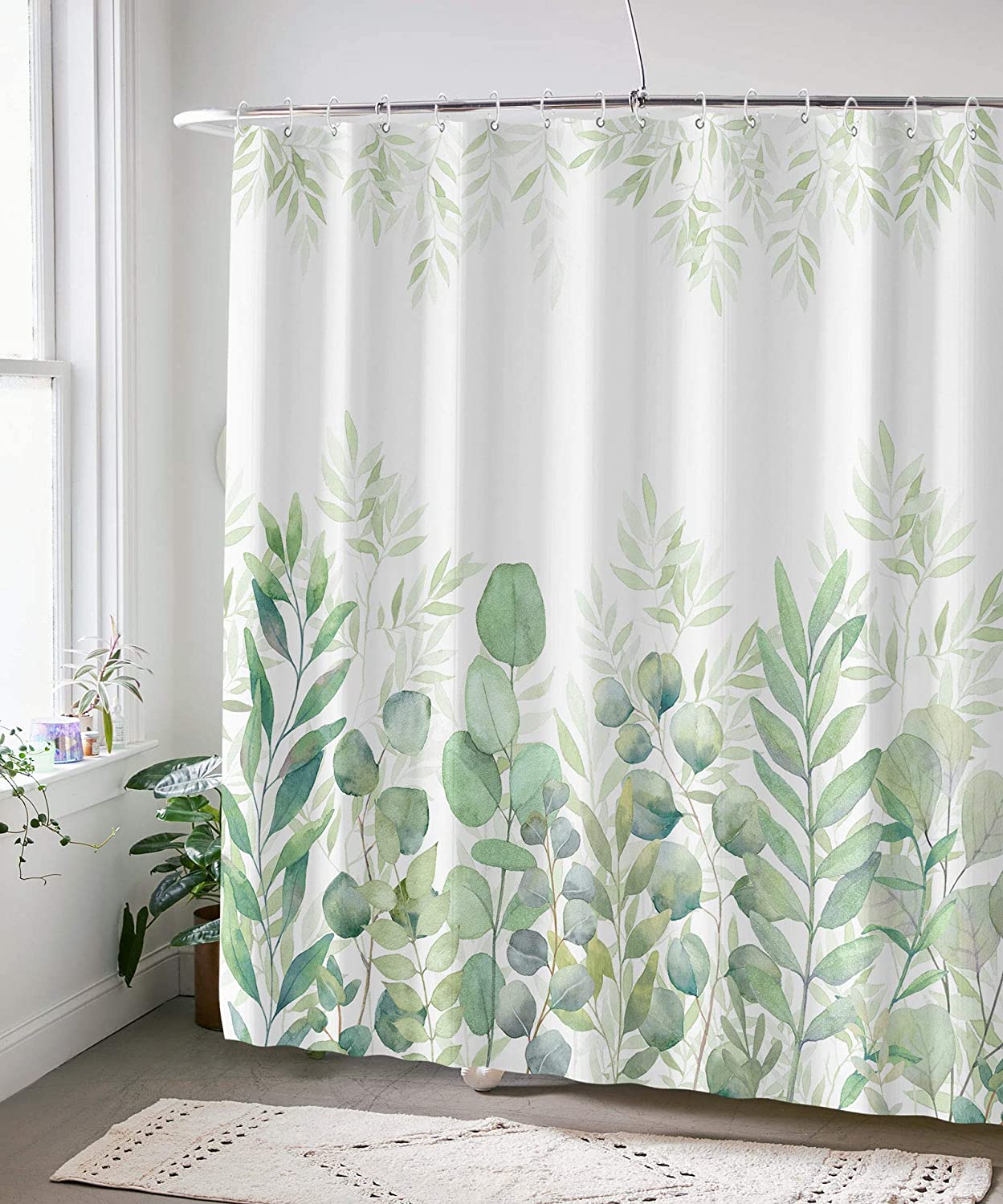 Green And White Plant Leaves Print Shower Curtain Fabric For Your Bathroom - Image 4