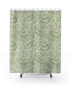 Green Art Nouveau Larkspur Shower Curtain, William Morris Inspired Botanical Bathroom Decor 