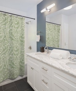 Green Art Nouveau Larkspur Shower Curtain, William Morris Inspired Botanical Bathroom Decor