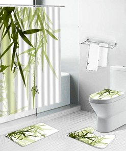 Green Bamboo Summer Shower Curtains Set With Plant Leaves Scenery Bathroom Mat And Home Decor