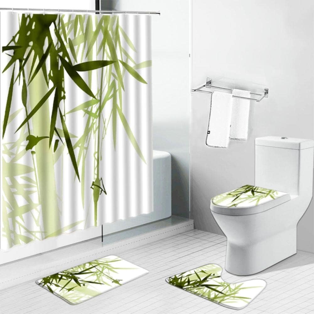 Green Bamboo Summer Shower Curtains Set With Plant Leaves Scenery Bathroom Mat And Home Decor