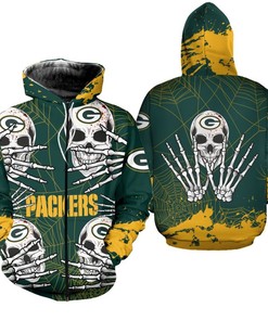 Green Bay Packers Skull Hoodie With All Over Print Perfect For Halloween