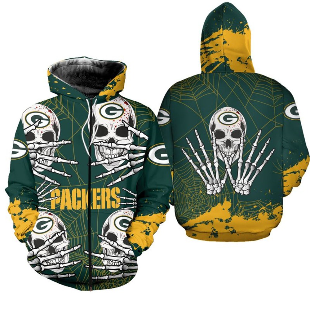Green Bay Packers Skull Hoodie With All Over Print Perfect For Halloween