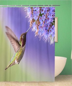 Green Bird Anna Hummingbird in Flight Purple Flower Humming Shower Curtain with Bathroom Decoration by Topyee