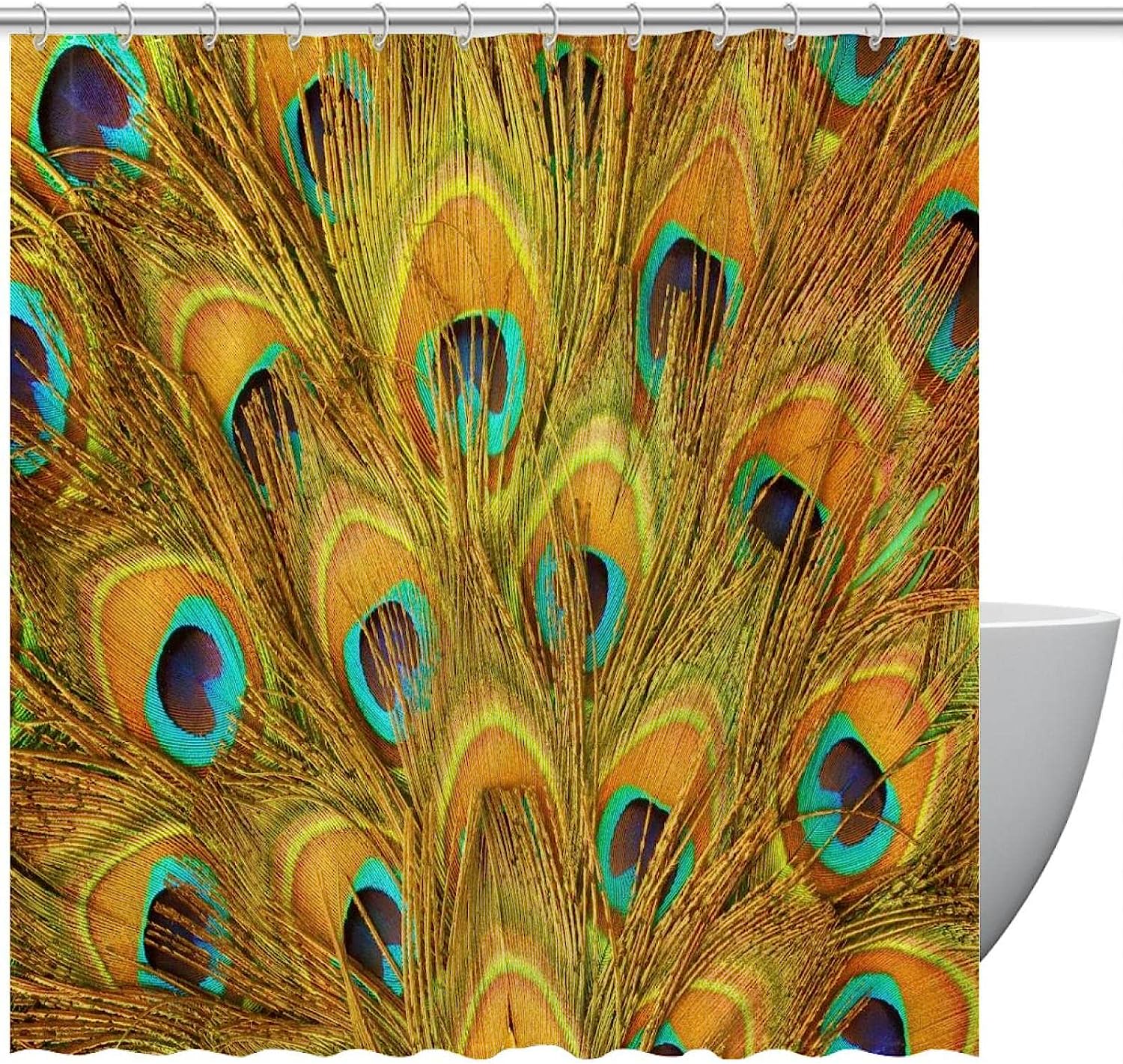 Green Blue Yellow Peacock Feathers Fabric Shower Curtain for Bathroom Decor