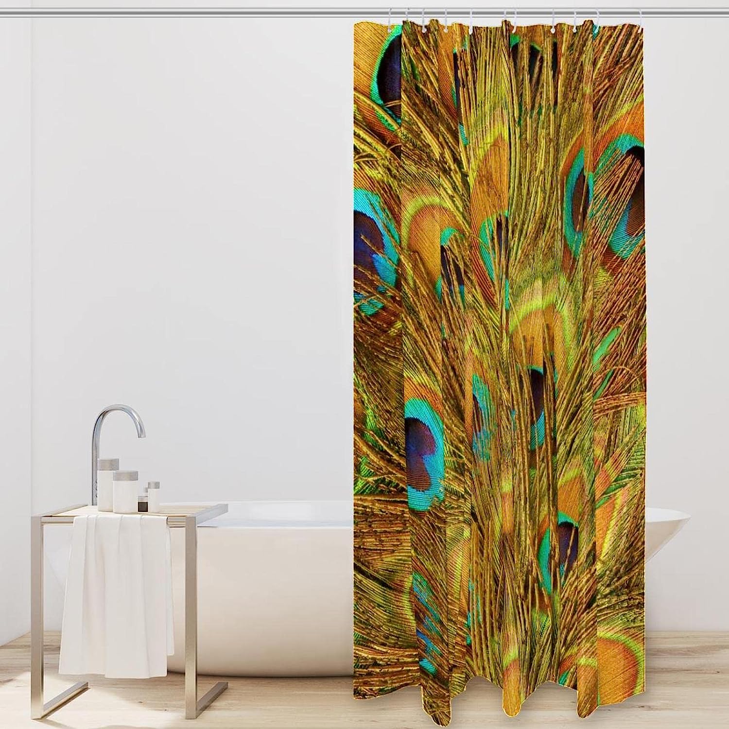 Green Blue Yellow Peacock Feathers Fabric Shower Curtain for Bathroom Decor