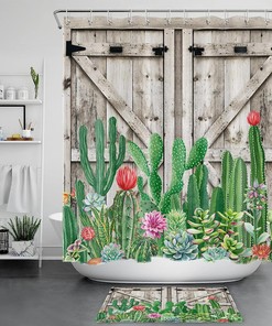 Green Botanical Succulent and Floral Shower Curtain for Bathroom Decor