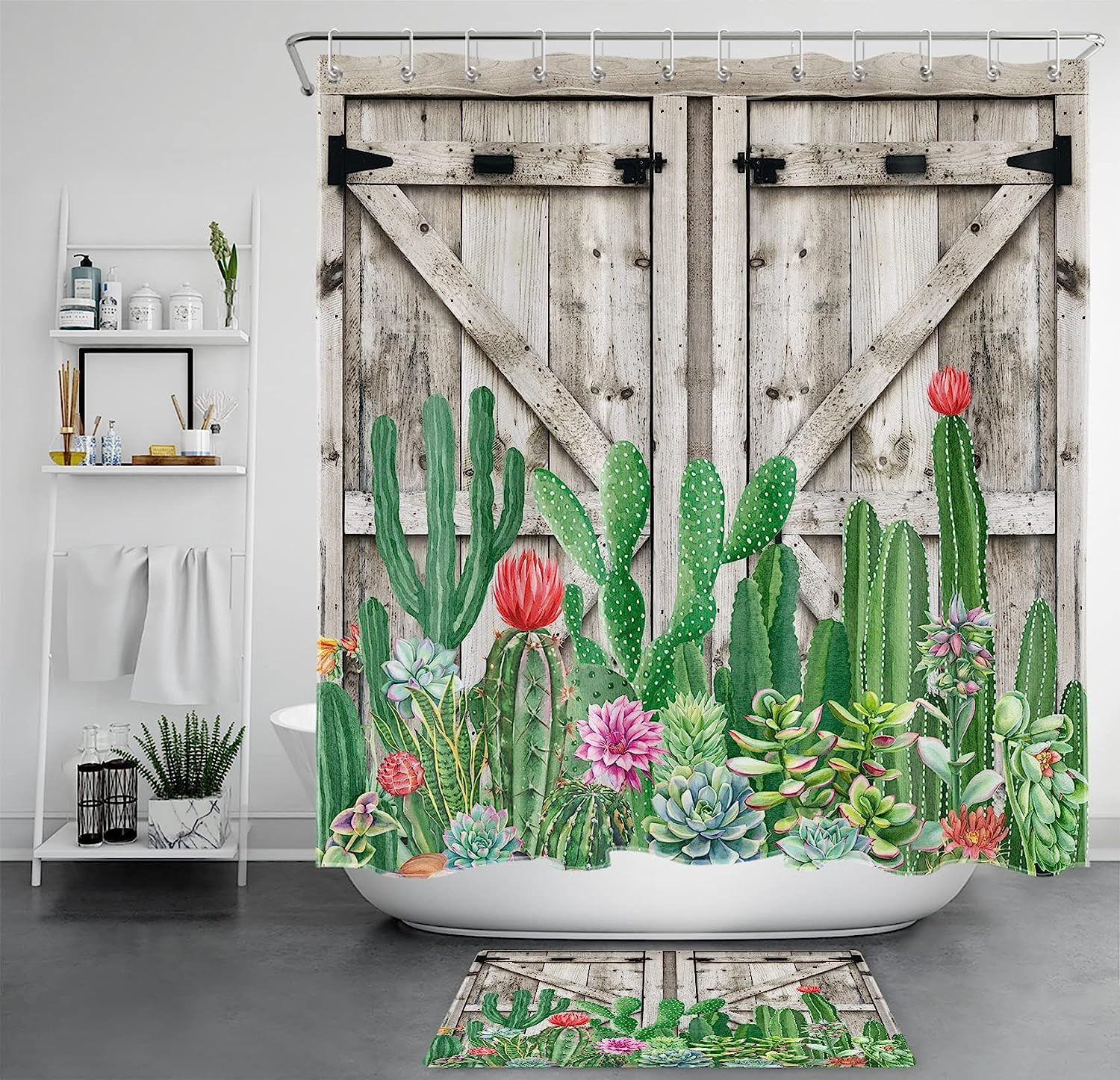 Green Botanical Succulent and Floral Shower Curtain for Bathroom Decor