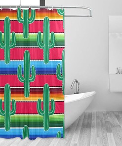 Green Cacti Print Waterproof Fabric Shower Curtain for Bathroom Decoration