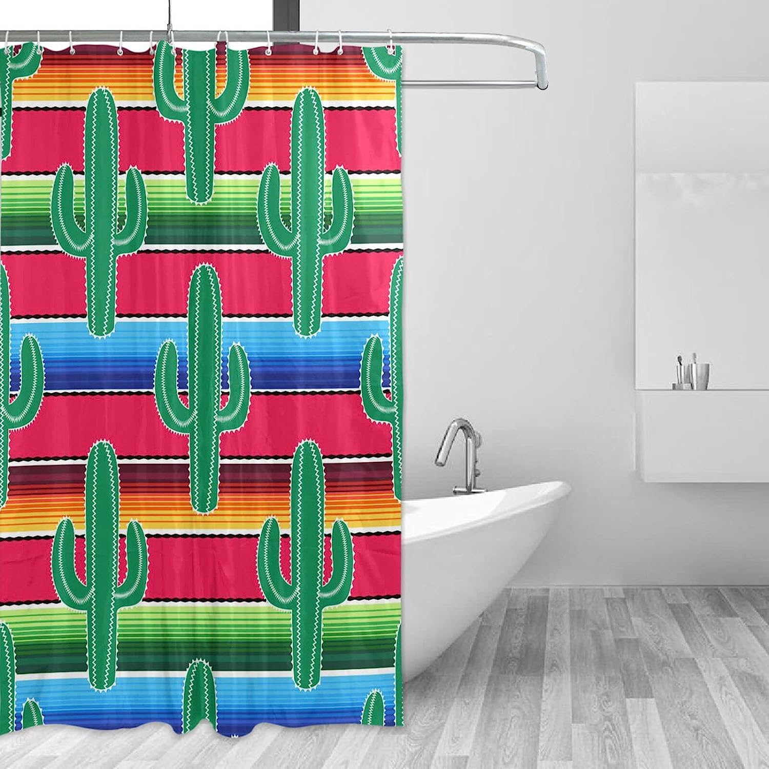 Green Cacti Print Waterproof Fabric Shower Curtain for Bathroom Decoration