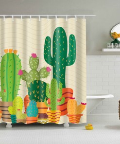 Green Cactus Bath Shower Curtain, Waterproof Fabric With Cute Cartoon Print For Bathroom Decor