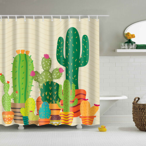 Green Cactus Bath Shower Curtain, Waterproof Fabric With Cute Cartoon Print For Bathroom Decor