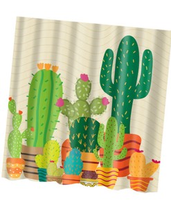 Green Cactus Bath Shower Curtain, Waterproof Fabric With Cute Cartoon Print For Bathroom Decor