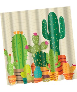Green Cactus Bath Shower Curtain, Waterproof Fabric With Cute Cartoon Print For Bathroom Decor