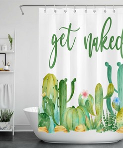 Green Cactus Flower Shower Curtain With Tropical Prints, Unique Bathroom Decor Accessory