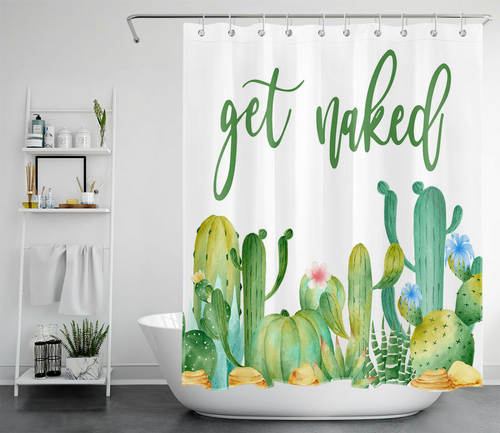 Green Cactus Flower Shower Curtain With Tropical Prints, Unique Bathroom Decor Accessory