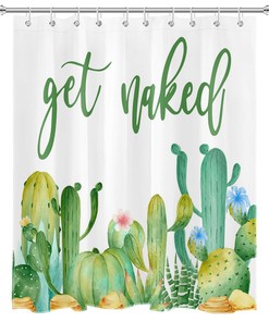Green Cactus Flower Shower Curtain With Tropical Prints, Unique Bathroom Decor Accessory