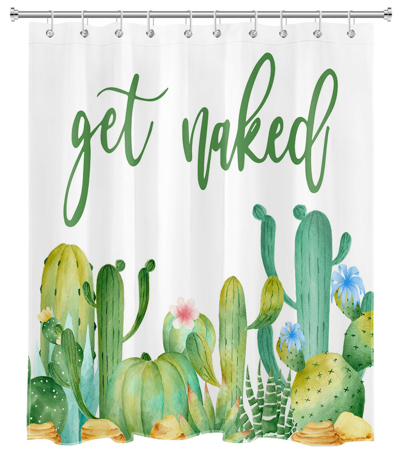 Green Cactus Flower Shower Curtain With Tropical Prints, Unique Bathroom Decor Accessory