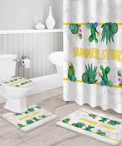 Green Cactus Shower Curtain with Marble Texture Background - Waterproof U-Shape Mat Included