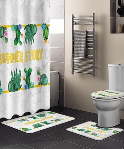Green Cactus Shower Curtain with Marble Texture Background - Waterproof U-Shape Mat Included