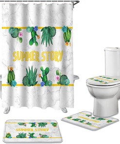 Green Cactus Shower Curtain with Marble Texture Background - Waterproof U-Shape Mat Included