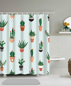 Green Cactus Succulent Shower Curtain For Botanical Bathroom