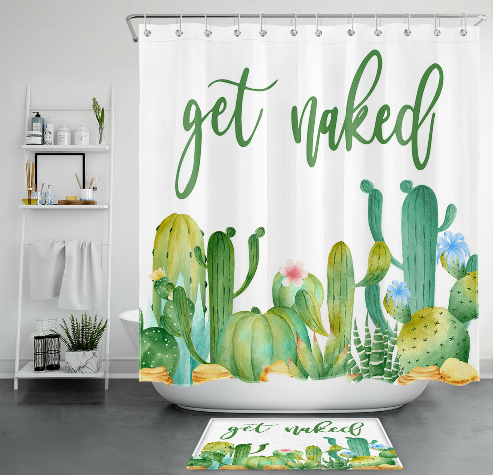 Green Cactus and Flower Print Funny Quote Shower Curtain for a Playful Bathroom