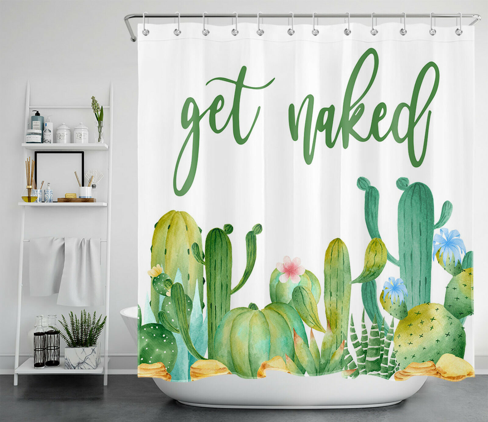 Green Cactus and Flower Print Funny Quote Shower Curtain for a Playful Bathroom