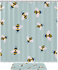 Green Cartoon Bees Shower Curtain With Waterproof Fabric For A Natural Look