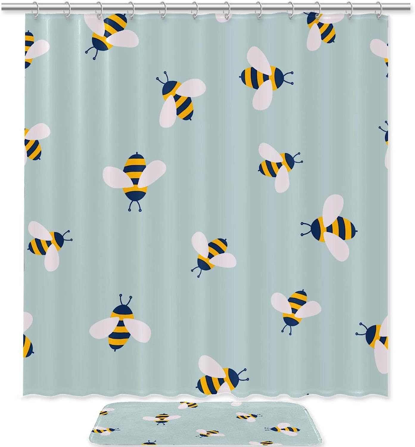 Green Cartoon Bees Shower Curtain With Waterproof Fabric For A Natural Look