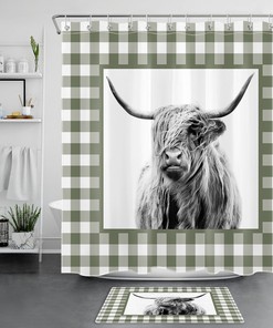 Green Check Plaid Highland Cow Rustic Farmhouse Shower Curtain For Bathroom Decor